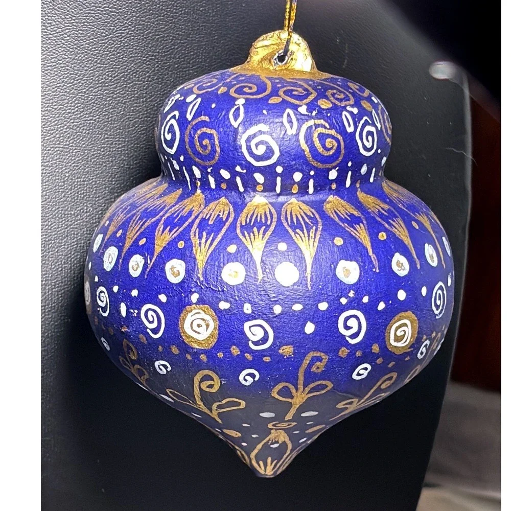 Christmas Ornaments Blue Hand Painted Folk Art Papier Mache Star Finial Set 2